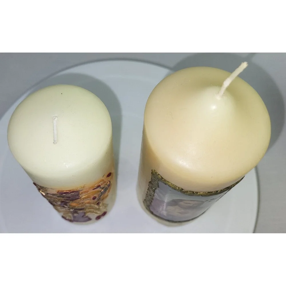Vintage Religious Pillar Candles Sacred Heart Jesus Cross 2006 Cream Set of 2